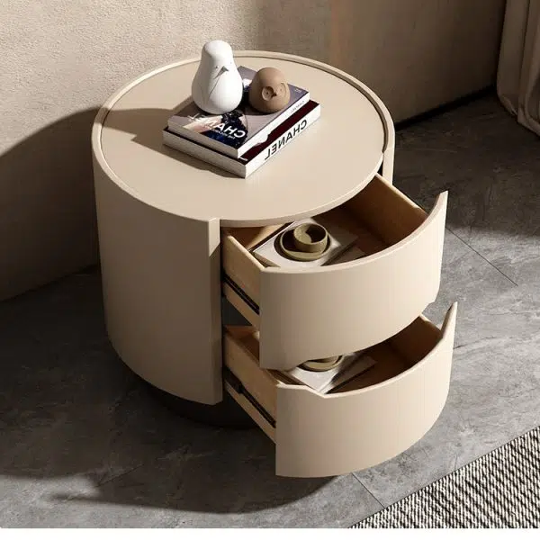 Contemporary Nordic Solid Wood Round Top Nightstand 2-Drawer Storage Cabinet For Bedroom - Image 3