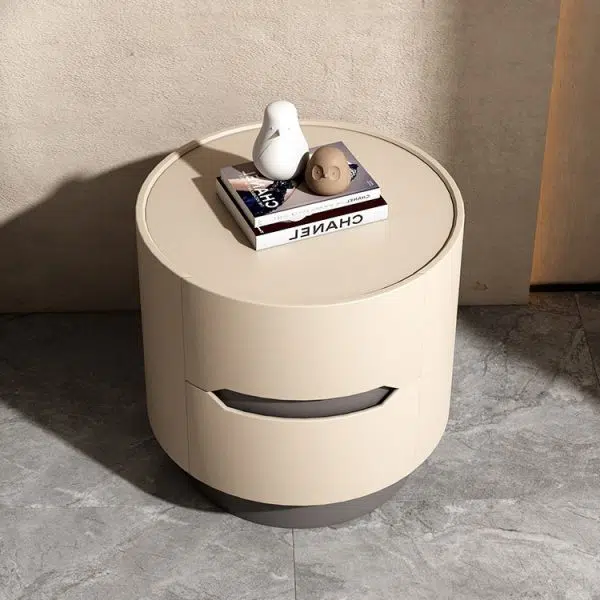 Contemporary Nordic Solid Wood Round Top Nightstand 2-Drawer Storage Cabinet For Bedroom - Image 7