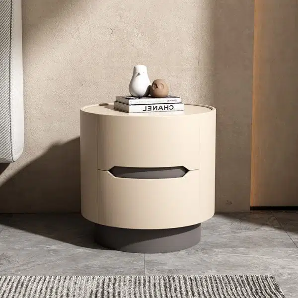 Contemporary Nordic Solid Wood Round Top Nightstand 2-Drawer Storage Cabinet For Bedroom - Image 8