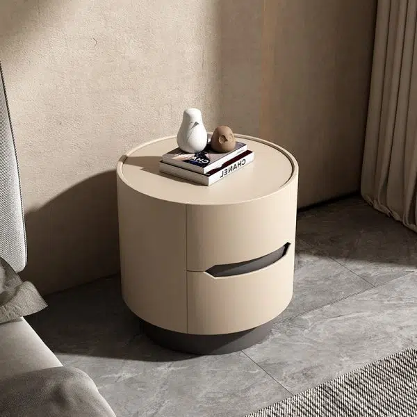 Contemporary Nordic Solid Wood Round Top Nightstand 2-Drawer Storage Cabinet For Bedroom - Image 9