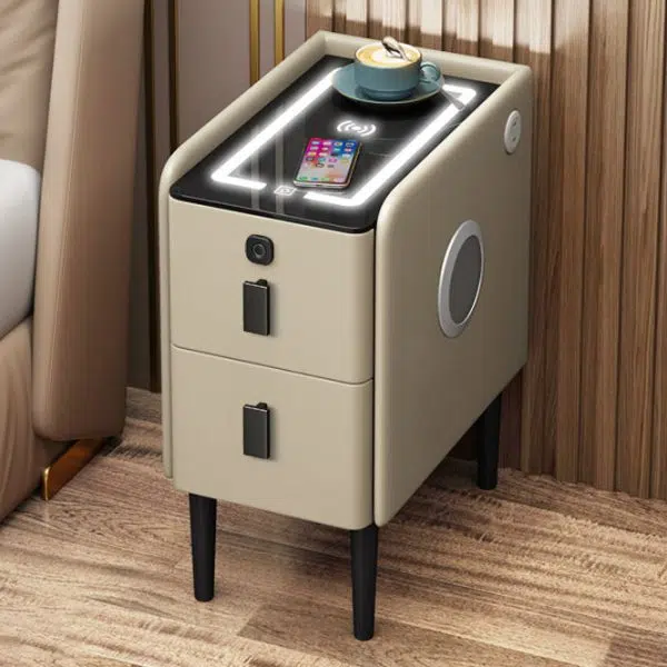 Contemporary Luxury Narrow Rectangular Glass Top Leather Veneered Multi-Functional Nightstand 2-Drawer For Bedroom - Image 2