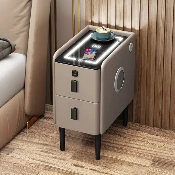 Contemporary Luxury Narrow Rectangular Glass Top Leather Veneered Multi-Functional Nightstand 2-Drawer For Bedroom - Image 10