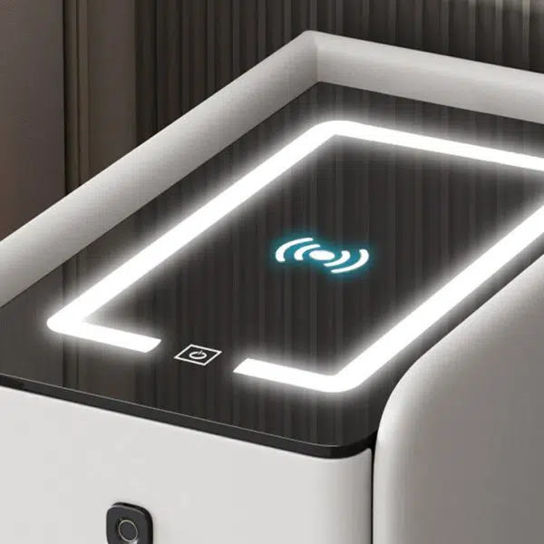 Contemporary Luxury Narrow Rectangular Glass Top Leather Veneered Multi-Functional Nightstand 2-Drawer For Bedroom - Image 5