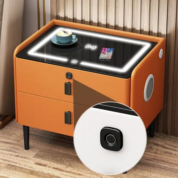 Contemporary Luxury Narrow Rectangular Glass Top Leather Veneered Multi-Functional Nightstand 2-Drawer For Bedroom - Image 8