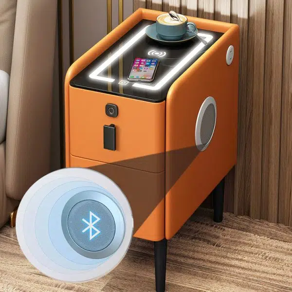 Contemporary Luxury Narrow Rectangular Glass Top Leather Veneered Multi-Functional Nightstand 2-Drawer For Bedroom - Image 7