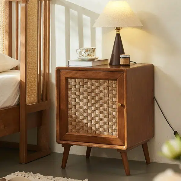Contemporary Retro Cube Rattan Weaving Solid Wood Nightstand Storage Organizer 2-Cabinet For Bedroom - Image 10
