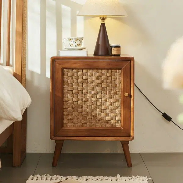 Contemporary Retro Cube Rattan Weaving Solid Wood Nightstand Storage Organizer 2-Cabinet For Bedroom - Image 12