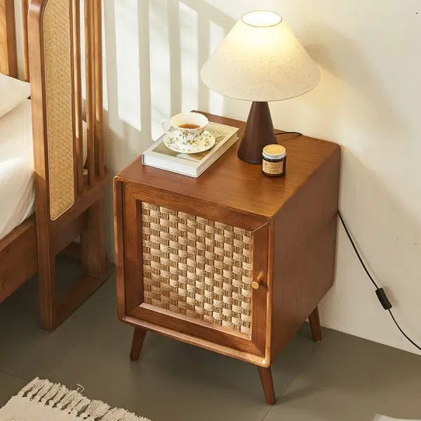 Contemporary Retro Cube Rattan Weaving Solid Wood Nightstand Storage Organizer 2-Cabinet For Bedroom - Image 11