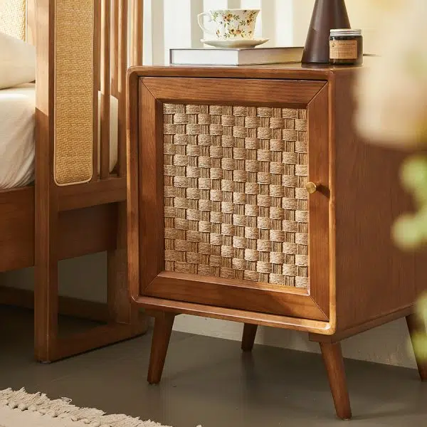 Contemporary Retro Cube Rattan Weaving Solid Wood Nightstand Storage Organizer 2-Cabinet For Bedroom - Image 9