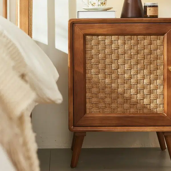 Contemporary Retro Cube Rattan Weaving Solid Wood Nightstand Storage Organizer 2-Cabinet For Bedroom - Image 8