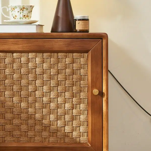 Contemporary Retro Cube Rattan Weaving Solid Wood Nightstand Storage Organizer 2-Cabinet For Bedroom - Image 6