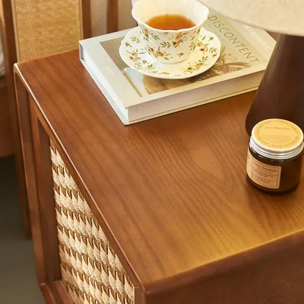 Contemporary Retro Cube Rattan Weaving Solid Wood Nightstand Storage Organizer 2-Cabinet For Bedroom - Image 5
