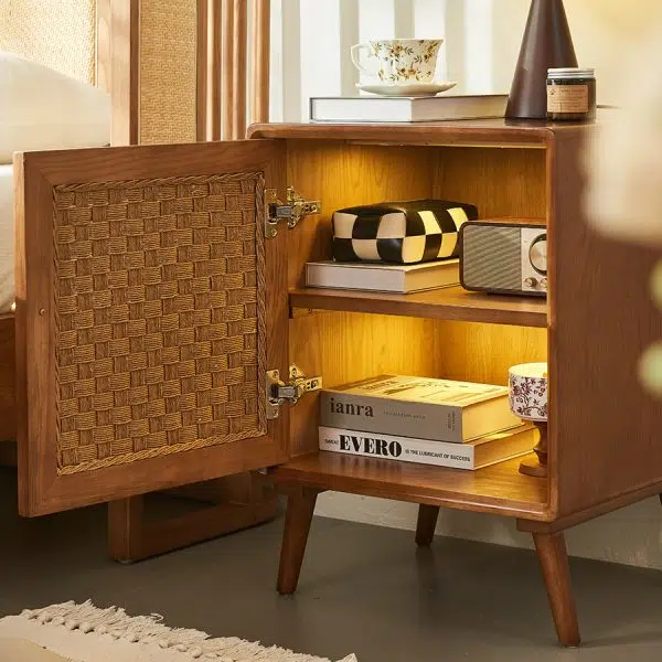 Contemporary Retro Cube Rattan Weaving Solid Wood Nightstand Storage Organizer 2-Cabinet For Bedroom - Image 7