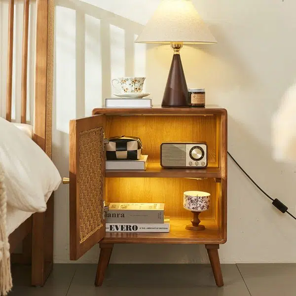 Contemporary Retro Cube Rattan Weaving Solid Wood Nightstand Storage Organizer 2-Cabinet For Bedroom - Image 13
