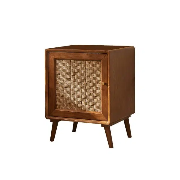 Contemporary Retro Cube Rattan Weaving Solid Wood Nightstand Storage Organizer 2-Cabinet For Bedroom - Image 16