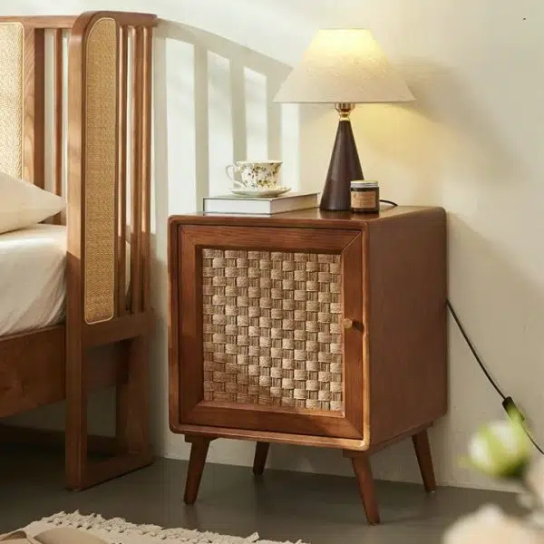Contemporary Retro Cube Rattan Weaving Solid Wood Nightstand Storage Organizer 2-Cabinet For Bedroom - Image 14