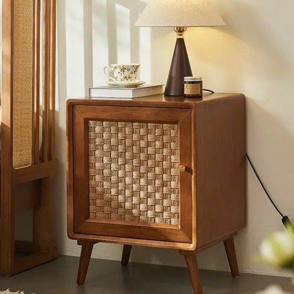 Contemporary Retro Cube Rattan Weaving Solid Wood Nightstand Storage Organizer 2-Cabinet For Bedroom - Image 15