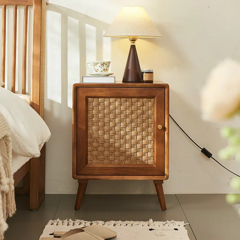 DFM-Table-FL04408-22.jpg Contemporary Retro Cube Rattan Weaving Solid Wood Nightstand Storage Organizer 2-Cabinet For Bedroom - Image 1