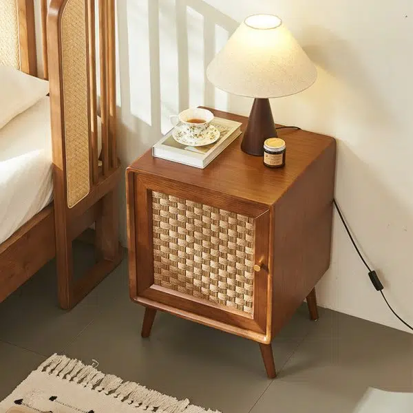 Contemporary Retro Cube Rattan Weaving Solid Wood Nightstand Storage Organizer 2-Cabinet For Bedroom - Image 2