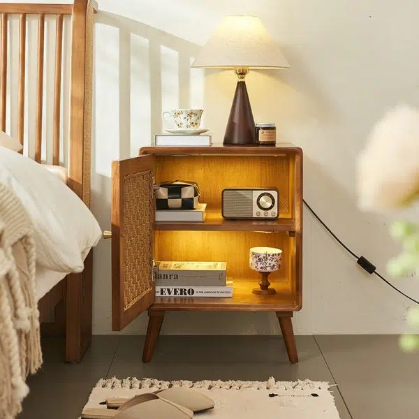 Contemporary Retro Cube Rattan Weaving Solid Wood Nightstand Storage Organizer 2-Cabinet For Bedroom - Image 3