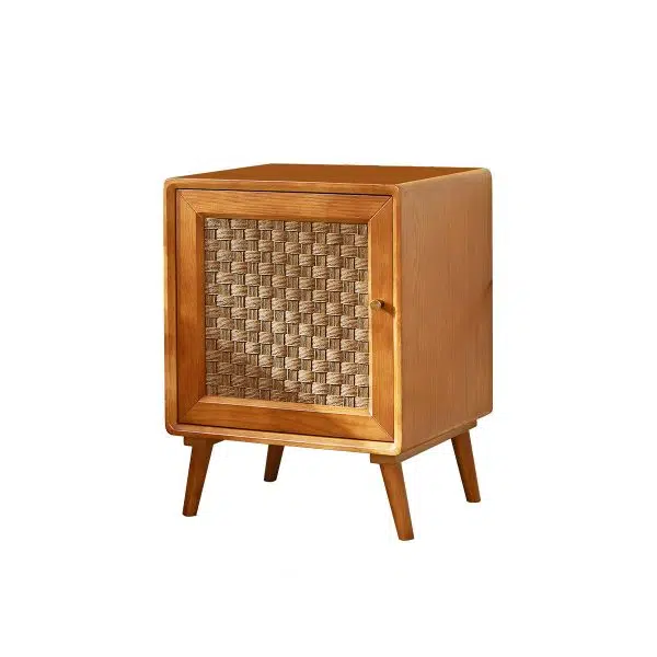 Contemporary Retro Cube Rattan Weaving Solid Wood Nightstand Storage Organizer 2-Cabinet For Bedroom - Image 17