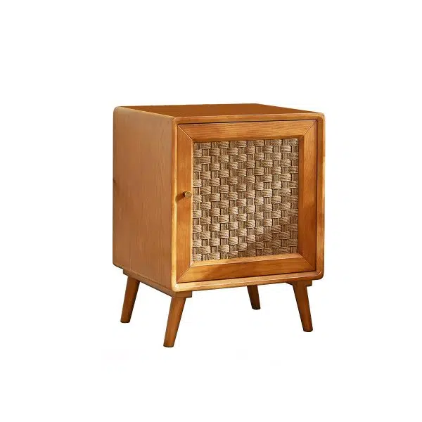Contemporary Retro Cube Rattan Weaving Solid Wood Nightstand Storage Organizer 2-Cabinet For Bedroom - Image 20