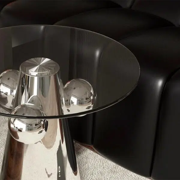 Contemporary Nordic Geometric Round Glass Top Stainless Steel End Table For Living Room - Image 4