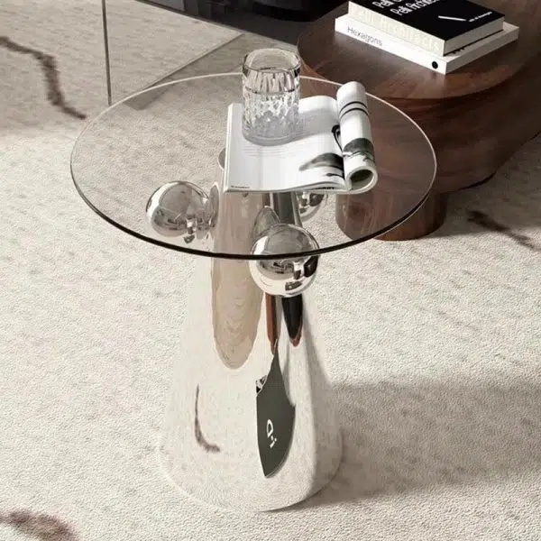 Contemporary Nordic Geometric Round Glass Top Stainless Steel End Table For Living Room - Image 10