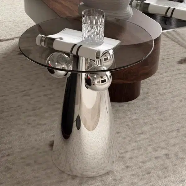 Contemporary Nordic Geometric Round Glass Top Stainless Steel End Table For Living Room - Image 5