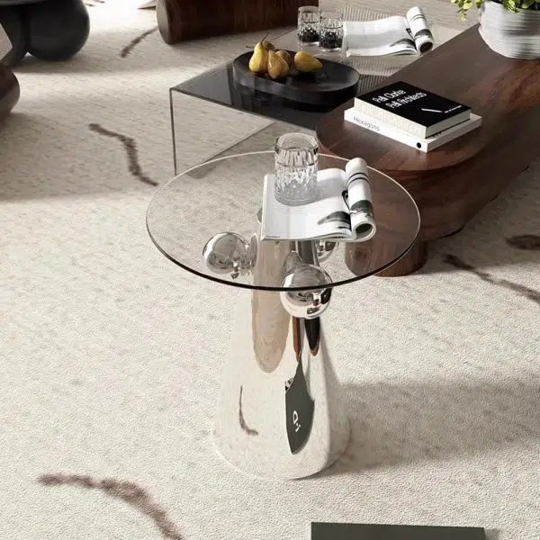 Contemporary Nordic Geometric Round Glass Top Stainless Steel End Table For Living Room - Image 2