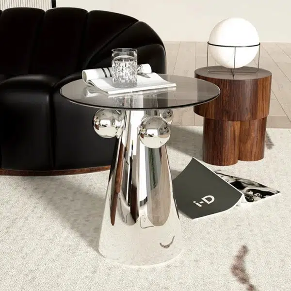 Contemporary Nordic Geometric Round Glass Top Stainless Steel End Table For Living Room - Image 6