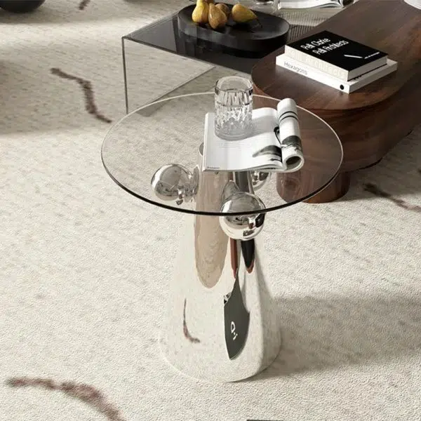 Contemporary Nordic Geometric Round Glass Top Stainless Steel End Table For Living Room - Image 8