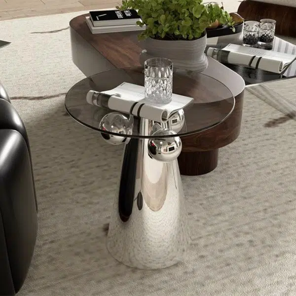 Contemporary Nordic Geometric Round Glass Top Stainless Steel End Table For Living Room - Image 9