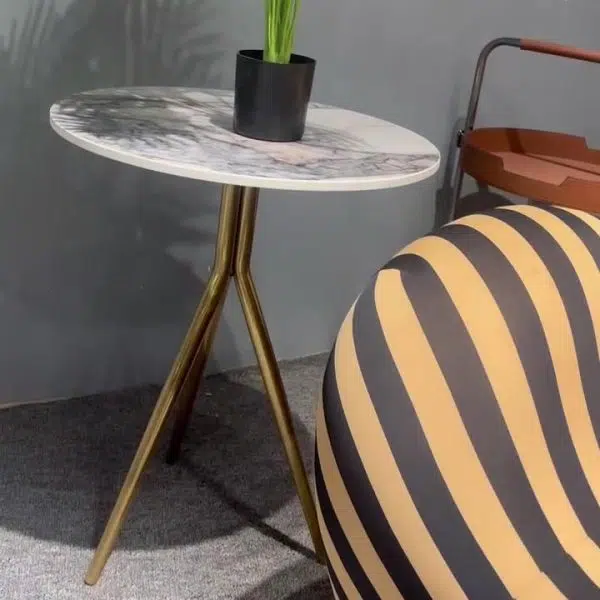 Contemporary Luxury Marble Round Top Metal Base End Table For Living Room - Image 10