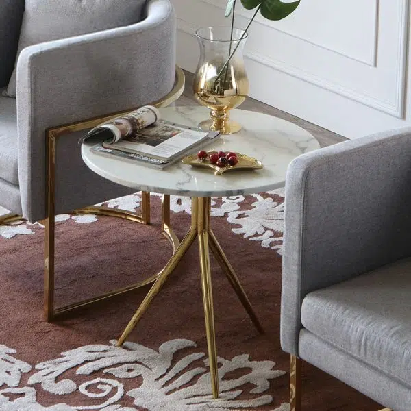Contemporary Luxury Marble Round Top Metal Base End Table For Living Room - Image 3
