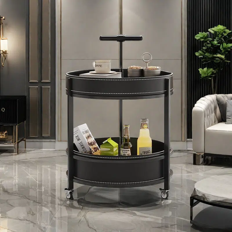 DFM-Table-FL04481-1.jpg Contemporary Luxury Leather Round Top Iron Frame End Table Rolling Cart 2-Tier Storage Shelves For Living Room - Image 1
