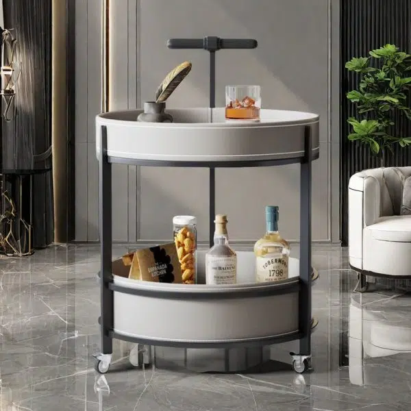 Contemporary Luxury Leather Round Top Iron Frame End Table Rolling Cart 2-Tier Storage Shelves For Living Room - Image 2