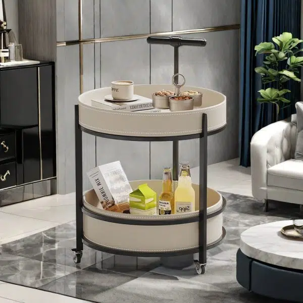 Contemporary Luxury Leather Round Top Iron Frame End Table Rolling Cart 2-Tier Storage Shelves For Living Room - Image 7
