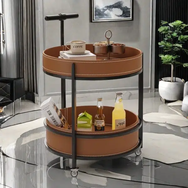Contemporary Luxury Leather Round Top Iron Frame End Table Rolling Cart 2-Tier Storage Shelves For Living Room - Image 8