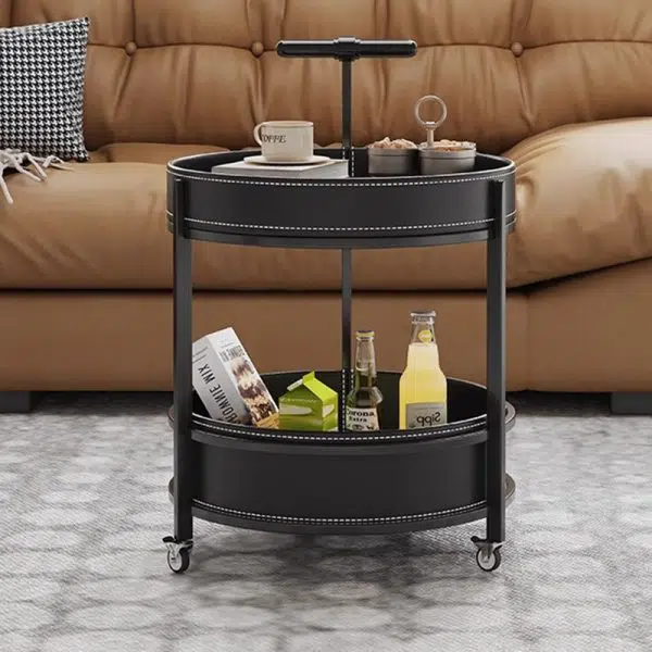 Contemporary Luxury Leather Round Top Iron Frame End Table Rolling Cart 2-Tier Storage Shelves For Living Room - Image 9