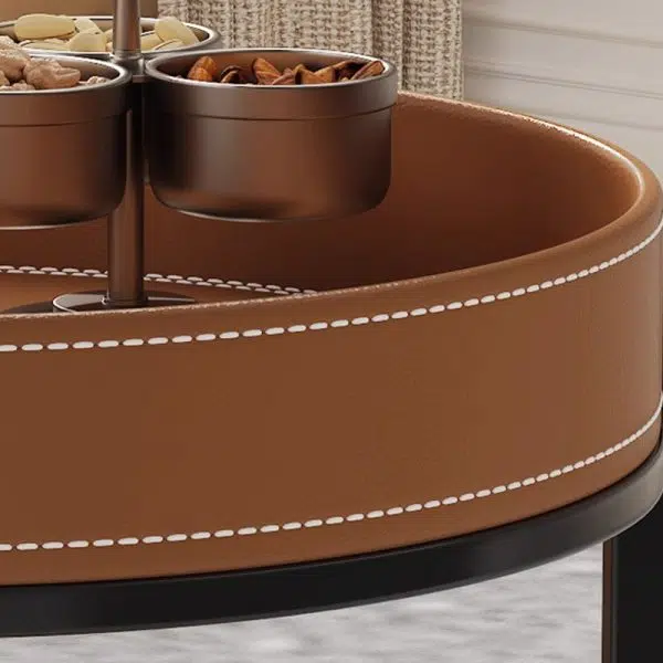 Contemporary Luxury Leather Round Top Iron Frame End Table Rolling Cart 2-Tier Storage Shelves For Living Room - Image 4