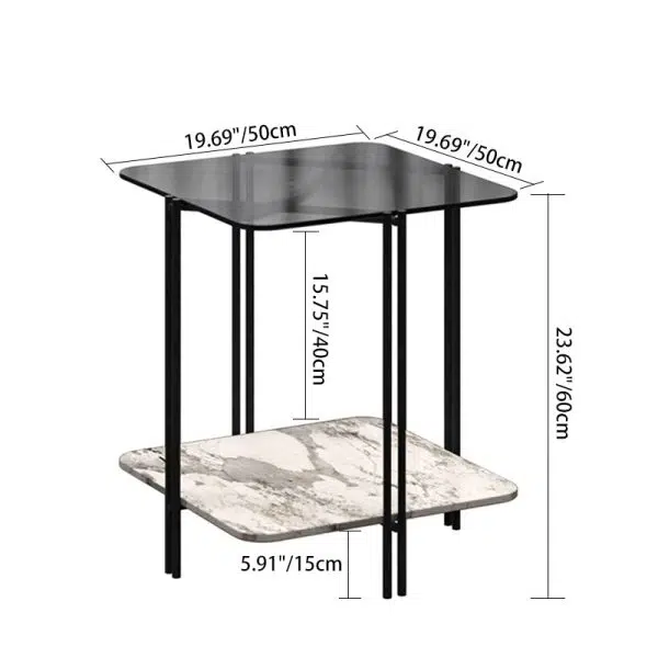 Contemporary Luxury Stone Panel Square Top Metal End Table 2-Tier Storage Shelves For Living Room - Image 4