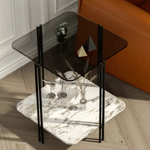 Contemporary Luxury Stone Panel Square Top Metal End Table 2-Tier Storage Shelves For Living Room - Image 3