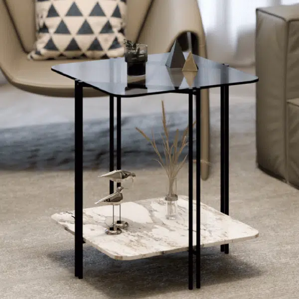 Contemporary Luxury Stone Panel Square Top Metal End Table 2-Tier Storage Shelves For Living Room - Image 2