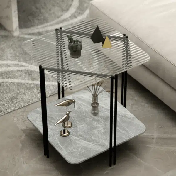 Contemporary Luxury Stone Panel Square Top Metal End Table 2-Tier Storage Shelves For Living Room - Image 7