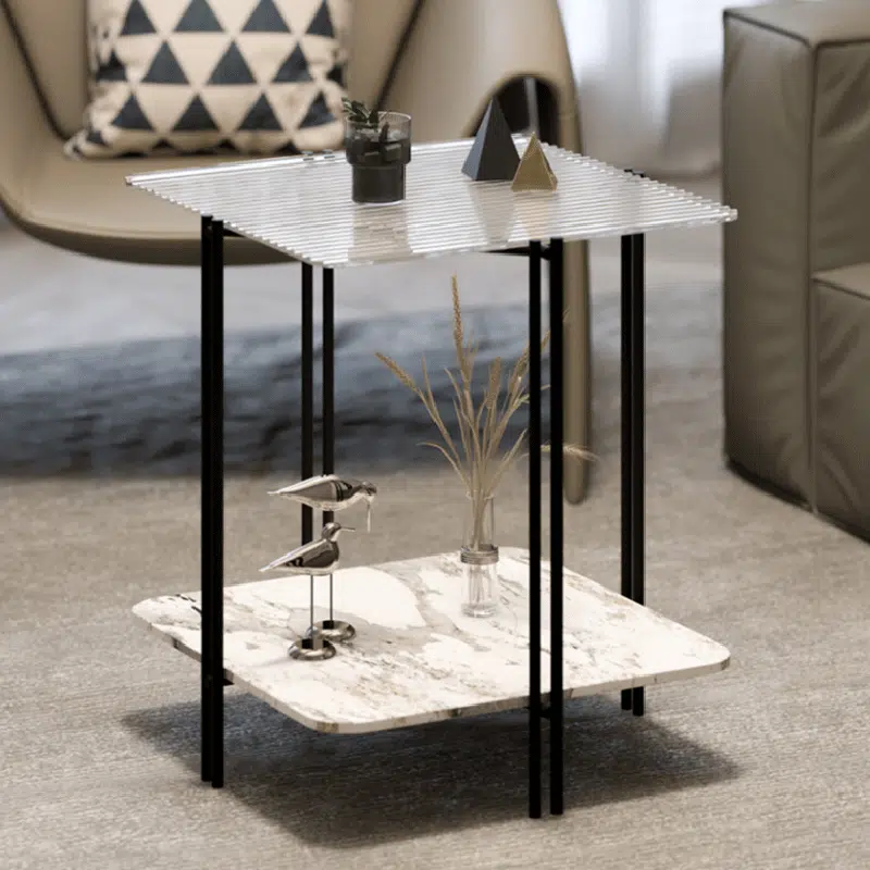 DFM-Table-FL04483-6.gif Contemporary Luxury Stone Panel Square Top Metal End Table 2-Tier Storage Shelves For Living Room - Image 1