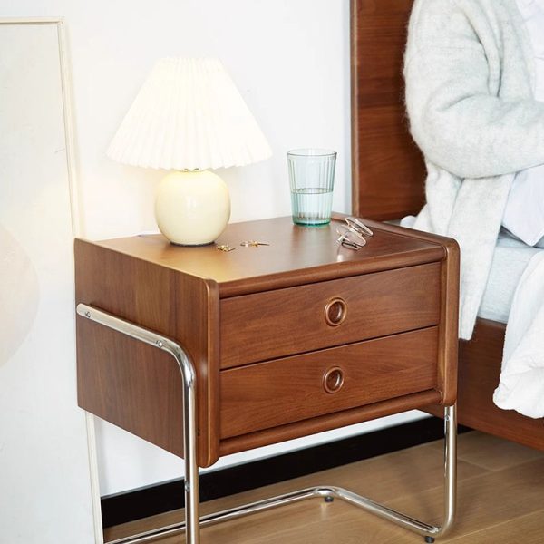 Contemporary Retro Rectangular Solid Wood Metal Frame Nightstand 2-Drawer For Bedroom - Image 7