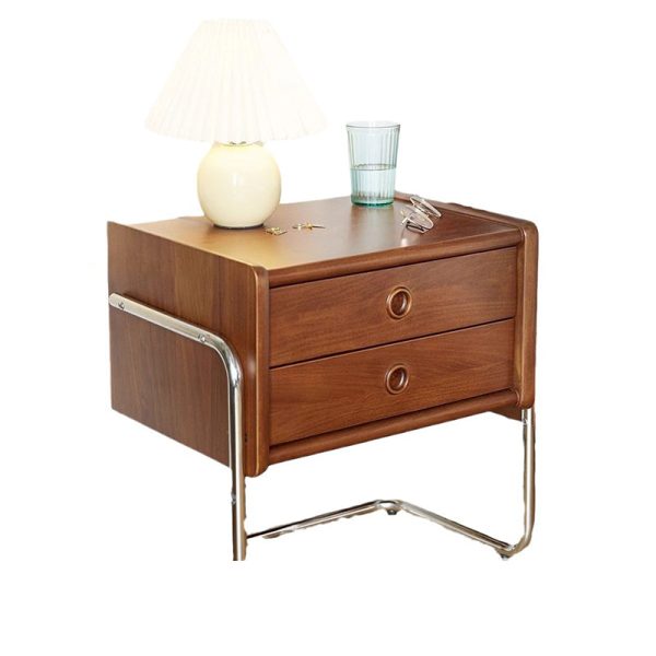 Contemporary Retro Rectangular Solid Wood Metal Frame Nightstand 2-Drawer For Bedroom - Image 9