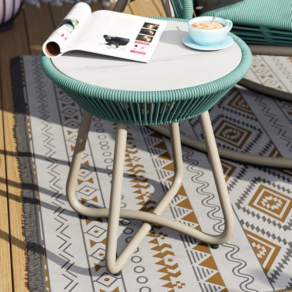 Contemporary Boho Sintered Stone Round Top PE Woven Rattan End Table For Balcony