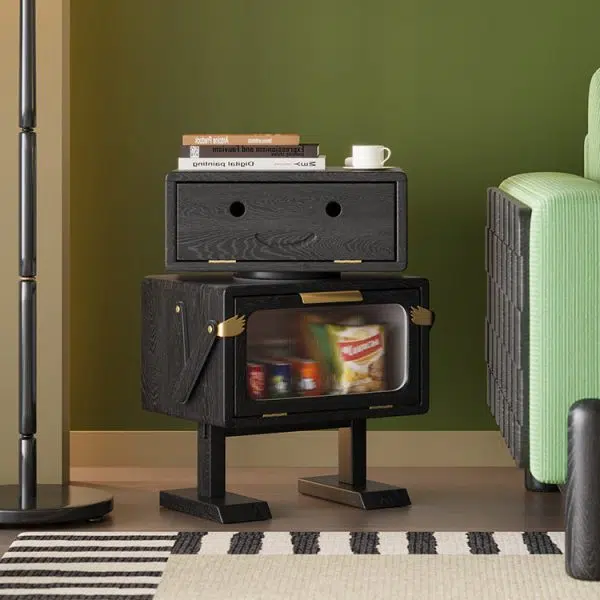 Contemporary Creative Robot Solid Wood Nightstand 2 Storage Cabinets For Bedroom - Image 13
